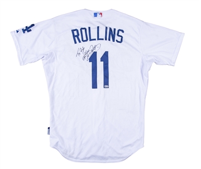 2015 Jimmy Rollins Game Used and Signed/Inscribed Los Angeles Dodgers #11 Home Jersey Used on 4/6/15 - 2 Hits with a 3-Run Home Run! (Case LOA & MLB Authenticated & Beckett)